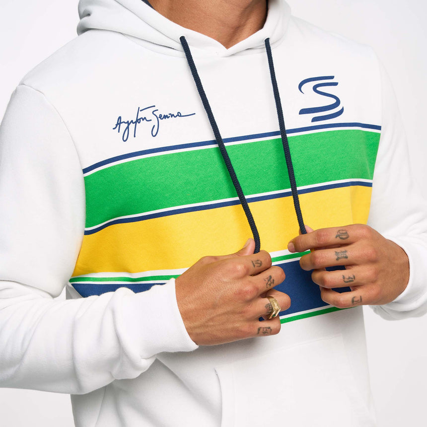 Ayrton Senna sweat à capuche, stripe, blanc