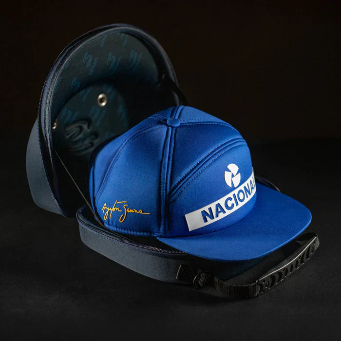 Casquette Ayrton Senna, Nacional, originale 1984, avec étui rigide en tissu, bleue