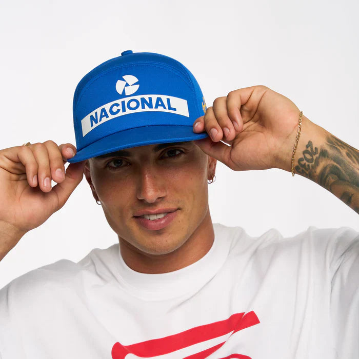 Casquette Ayrton Senna, Nacional, originale 1984, avec étui rigide en tissu, bleue