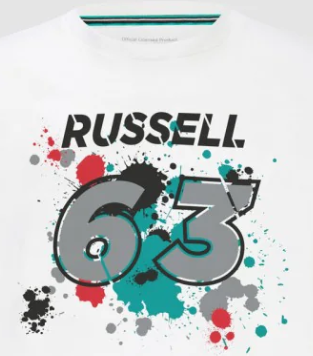 Camiseta de Mercedes George Russell, GEORGE #63, blanca, 2022