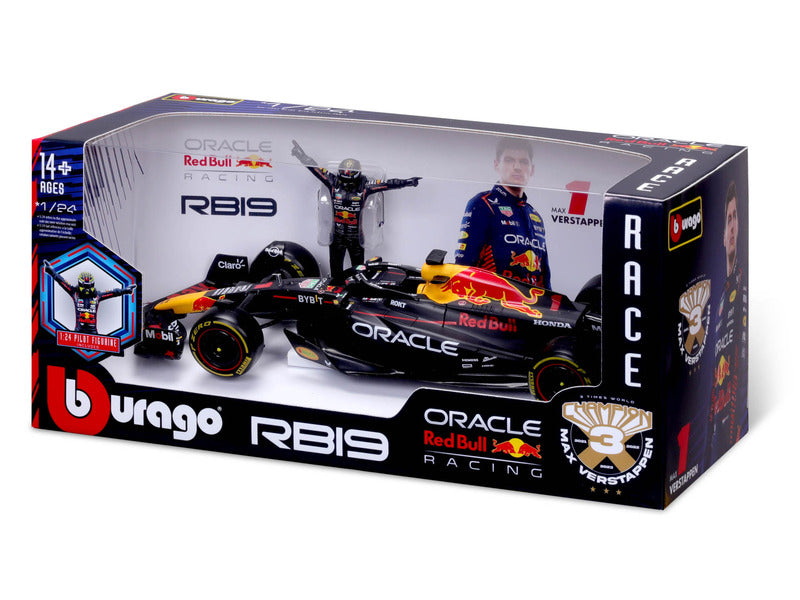 Voiture miniature Red Bull Racing, bburago, Max Verstappen, n°1, 1:24, RB19, avec pilote