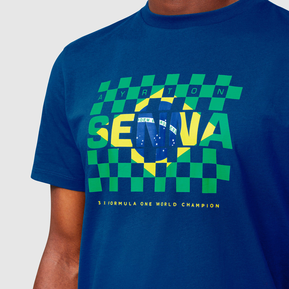 T-shirt col Rond Ayrton Senna Drapeau, Bleu - FansBRANDS®