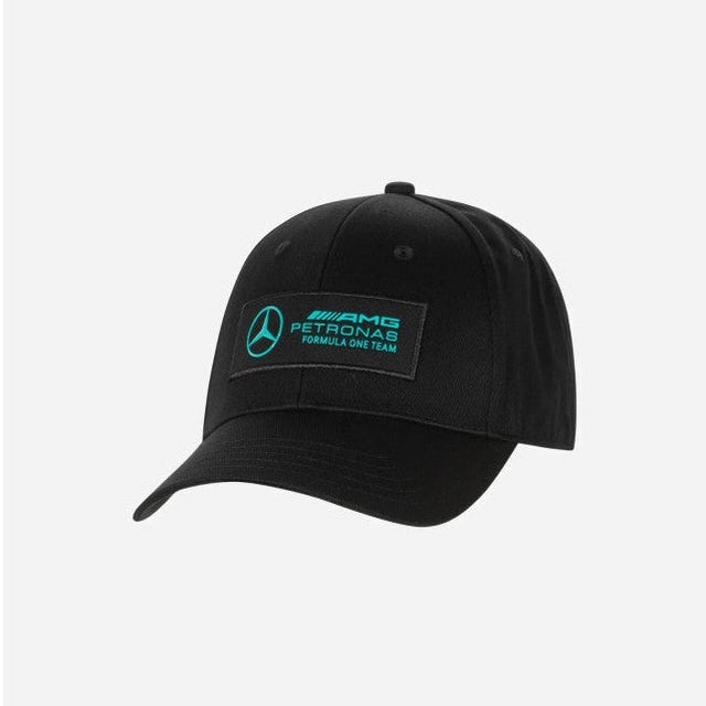 Black cap with Mercedes-AMG Petronas Formula One Team logo on a white background