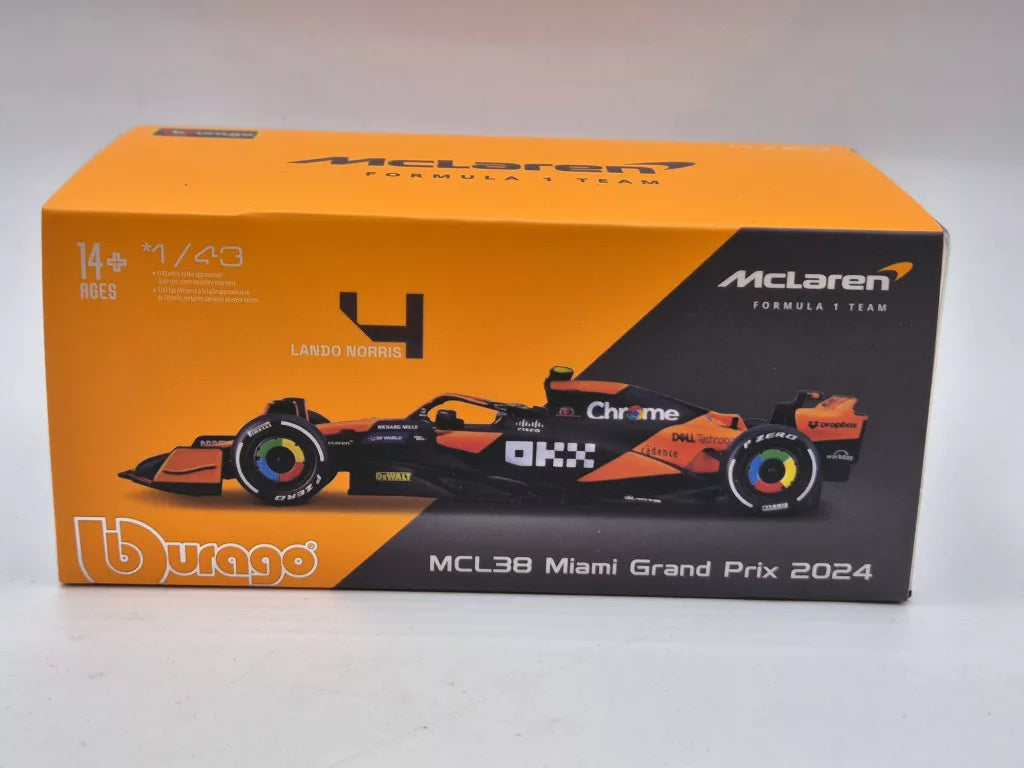 Voiture miniature McLaren, Bburago, Lando Norris, livrée Miami, boîte acrylique, MCL38 🔥