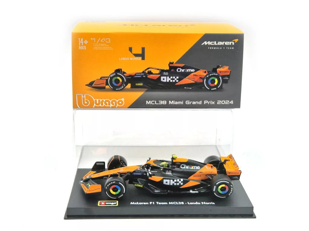 Voiture miniature McLaren, Bburago, Lando Norris, livrée Miami, boîte acrylique, MCL38 🔥